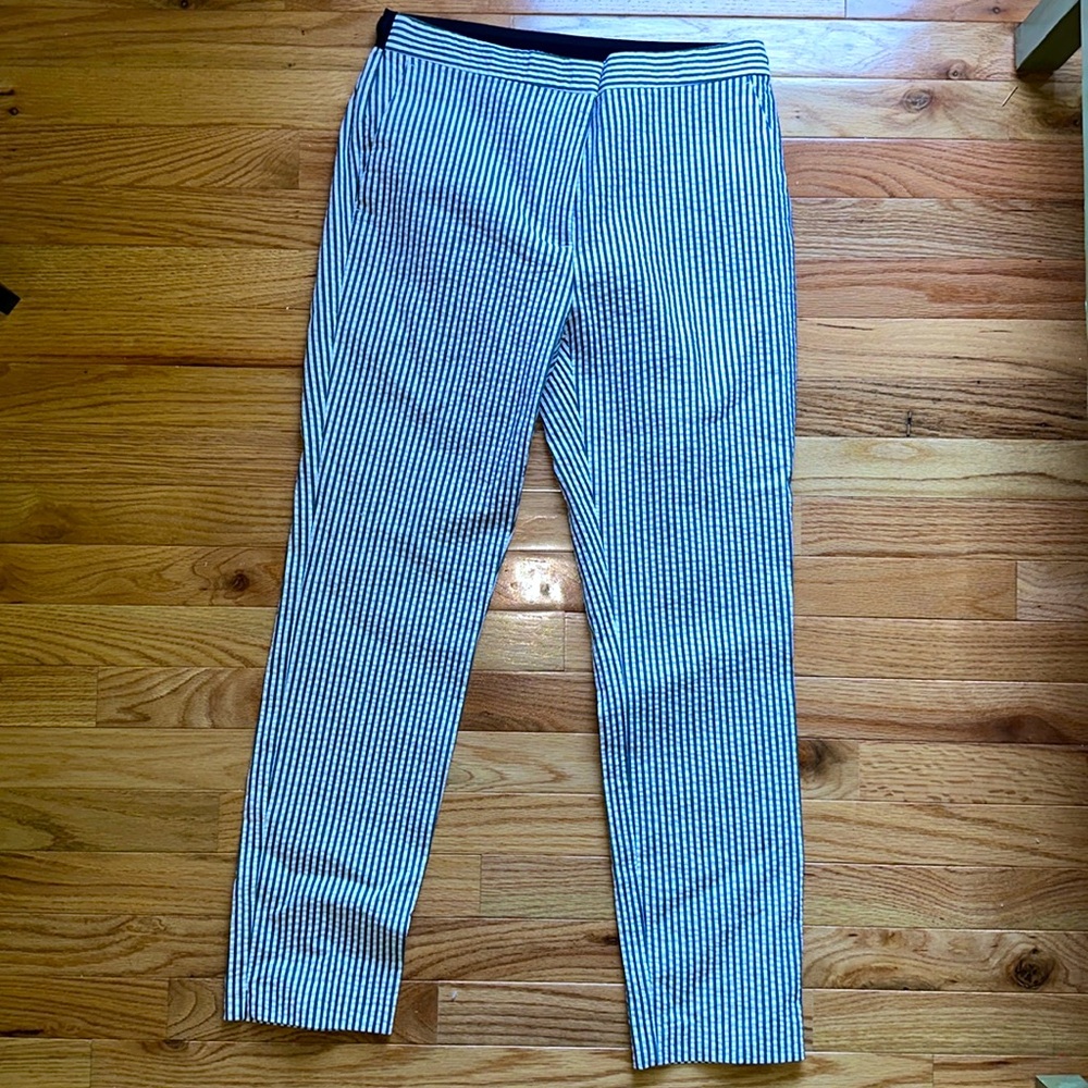 Zara seersucker pants, ankle length, size large, color white and blue stripes.